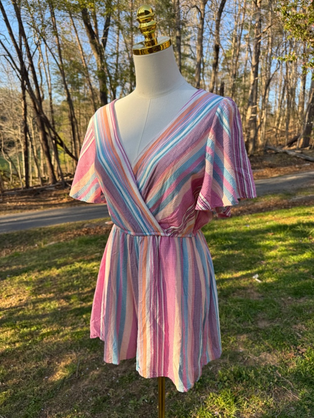 Blue Rain Pastel Stripe Colorful One-Piece Romper Spring Summer Anthropologie - Picture 8 of 9